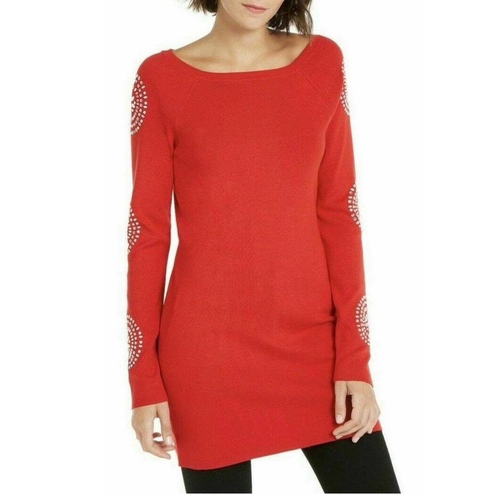 Red Long-Sleeve Rhinestone Embellished Women’s Tunic Sweater Festive Holiday M